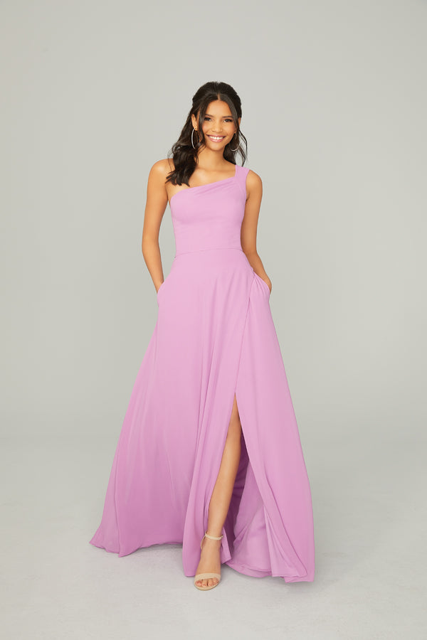 Long Chiffon Dress with Asymmetric Neckline